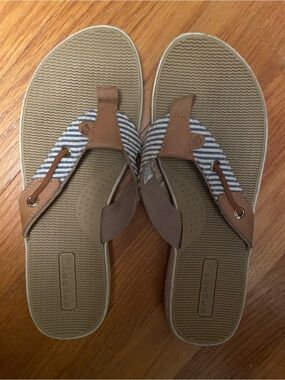 Sperry Tan Leather Flip Flops with Navy & White Striped Fabric